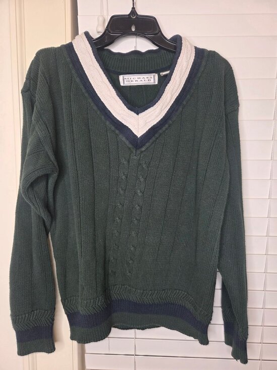 Michael Gerald Other - VTG Mens Sweater V-Neck Preppy Tennis Cricket Green Navy White Cable Knit
